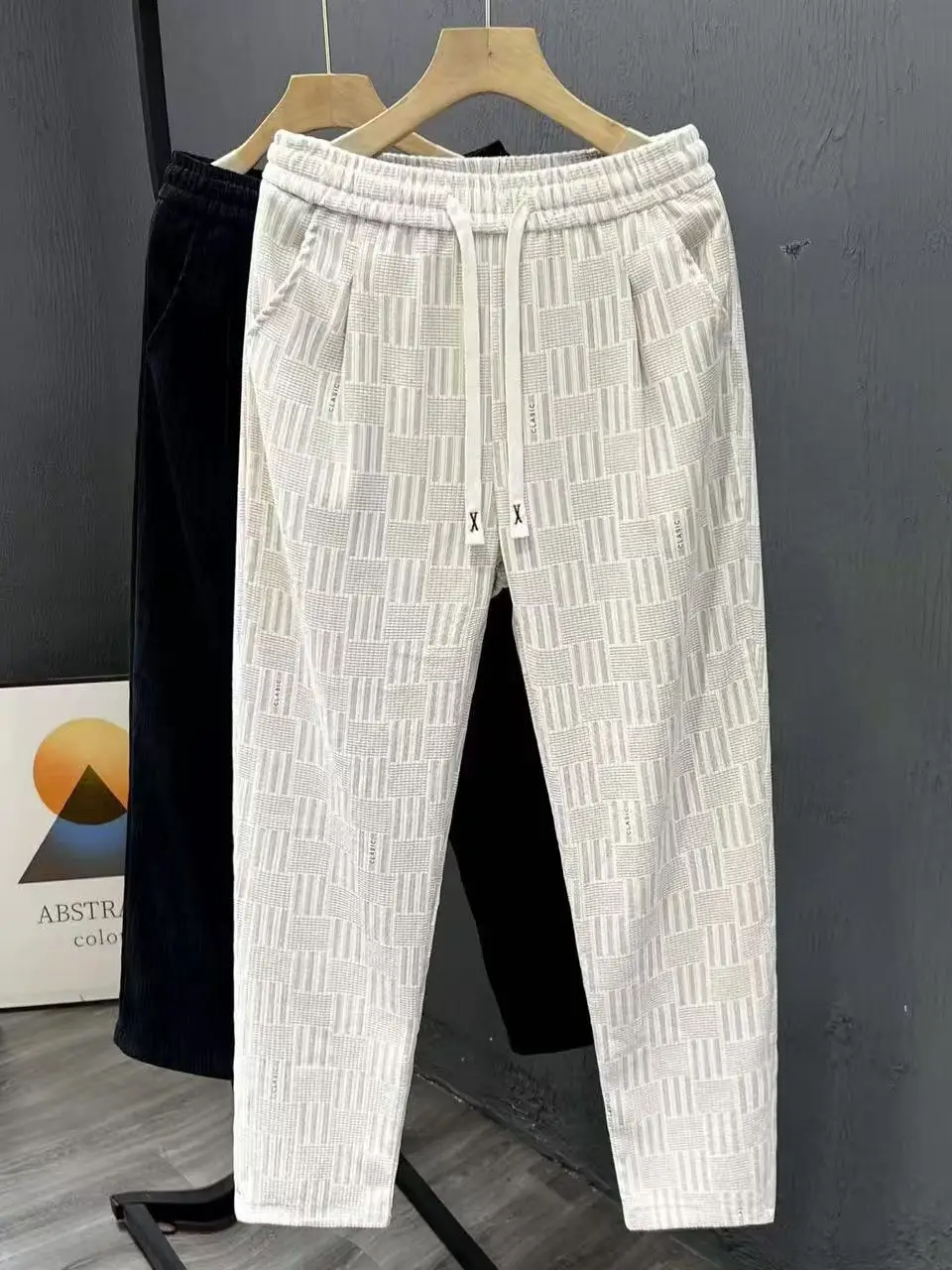 Faionable Plaid Men's Casual Pants Loose Straight Leg Elastic Waist Versatile Comfortable Long Trousers Spring Autumn