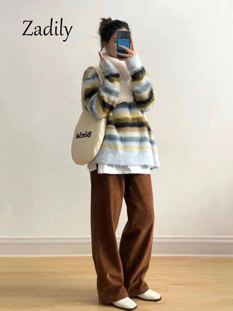 Zadily 2023 Winter Causla Long Sleeve Loose Women Striped Sweater Korea Style Mohair O Neck Knit Ladies Pullovers Warm Clothing