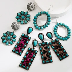 European and American Exaggerated Earrings For Women, Retro Oval Turquoise Hollow Geometric Leopard Print Leather Earrings