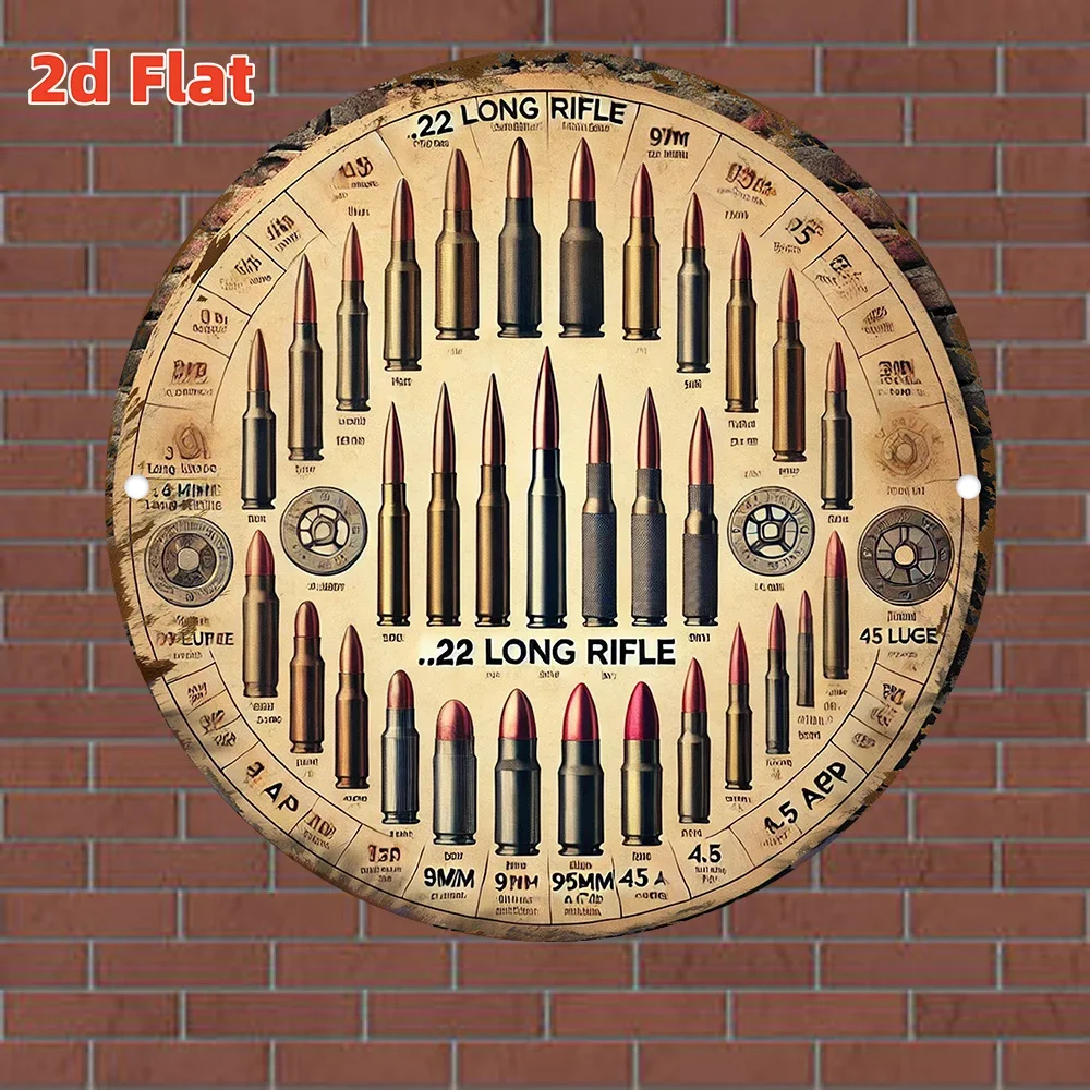 2D Flat Iron Sign 1pc Vintage Round Bullet Size Chart .22LR to .308 Caliber Markings Metal Wall Decor for Garage Man Cave