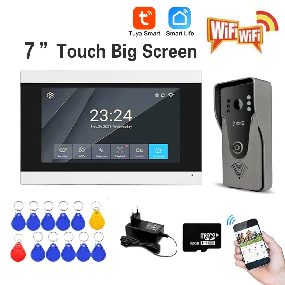 1080P 7 Inch Color Touch Screen Wireless Wifi Video Doorbell Smart TUYA Home Intercom Kit for RFID Access Control System