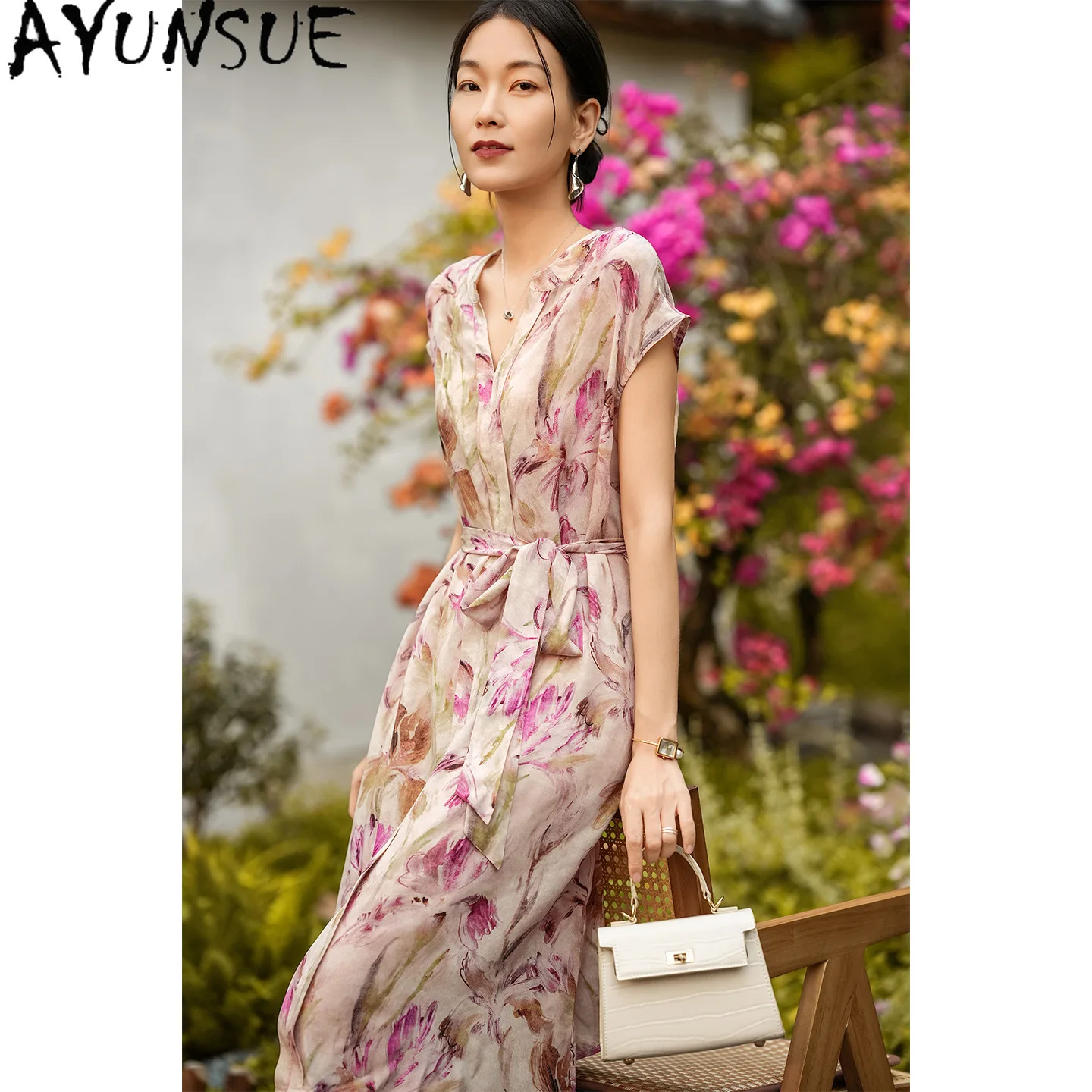 AYUNSUE 100% Real Mulberry Silk Beach Dress Women 2026 Summer Clothes Elegant Woman Dresses Floral Lace-up Vestidos De Mujer