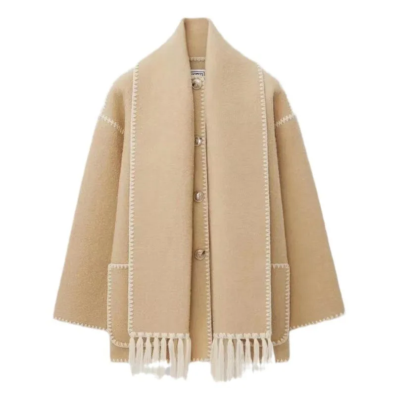 Faux Cashmere Splice Overcoat With Scarf Women Fleece Chic Long Sleeve Solid Plush Thick Coats 2024 Autumn Winter Warm Jackets