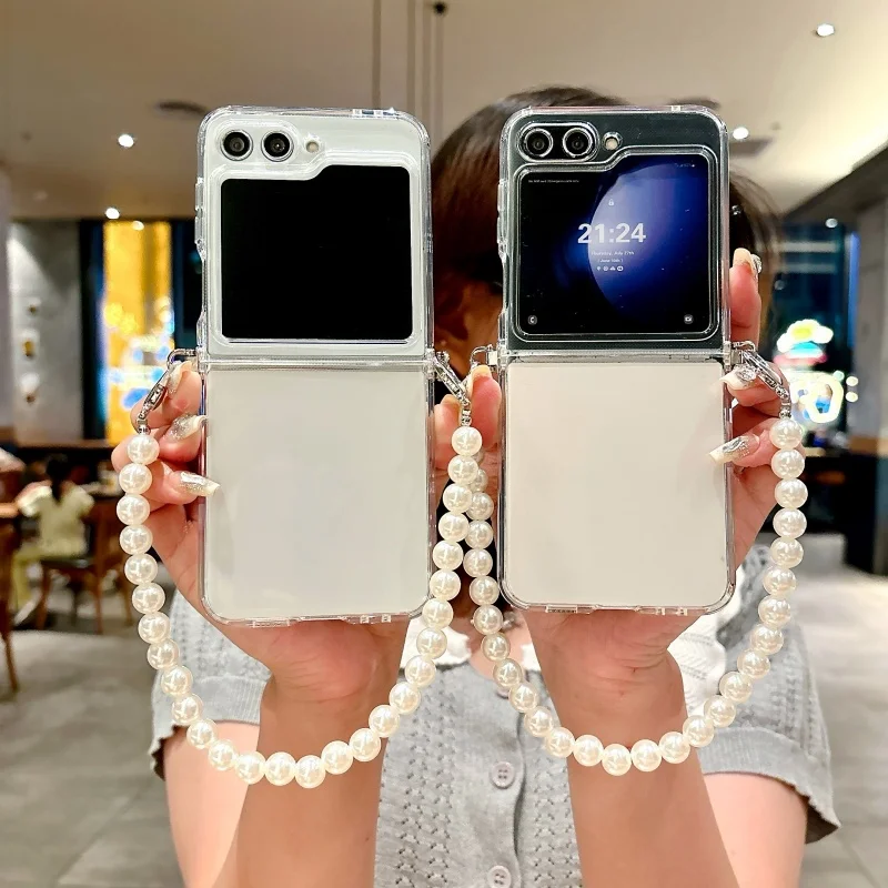 ZFlip7 For Samsung Galaxy Z Flip 7 FE flip 6 5 4 3 5G Side Buckle Transparent TPU Foldable Phone Case Pearl Bracelet Clear Cover