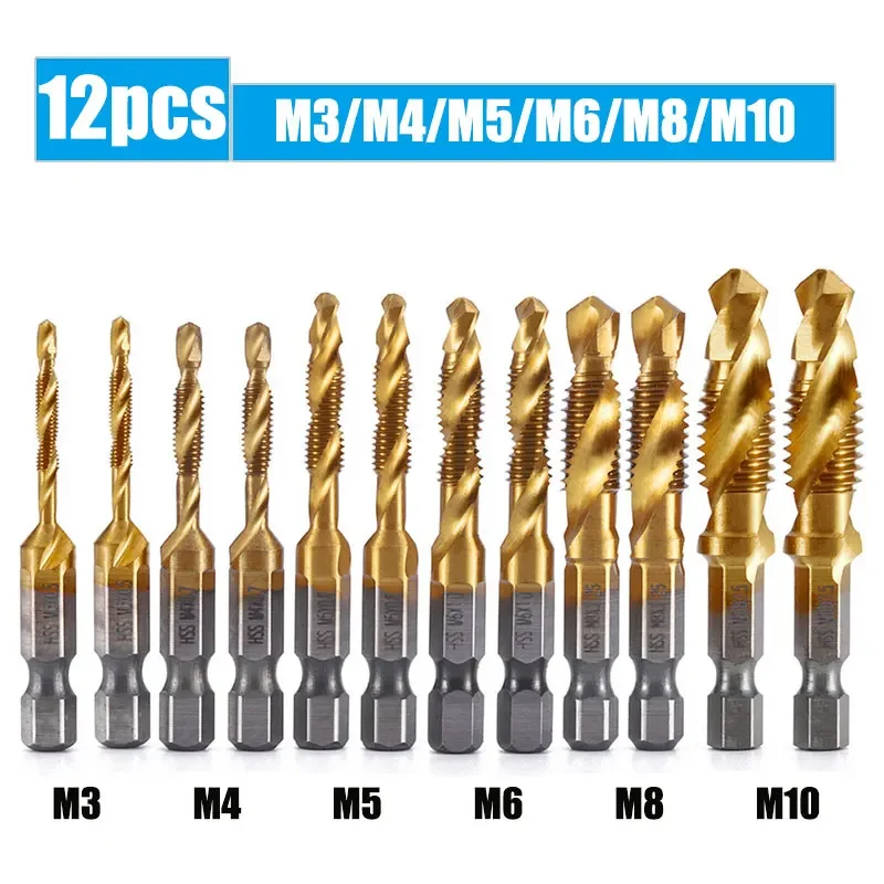 

12pcs Titanium Coated HSS Tap Drill Bits Set Hex Shank Screw Metric Thread Bits 3 In 1 Screw Compound Tap M3 M4 M5 M6 M8 M10