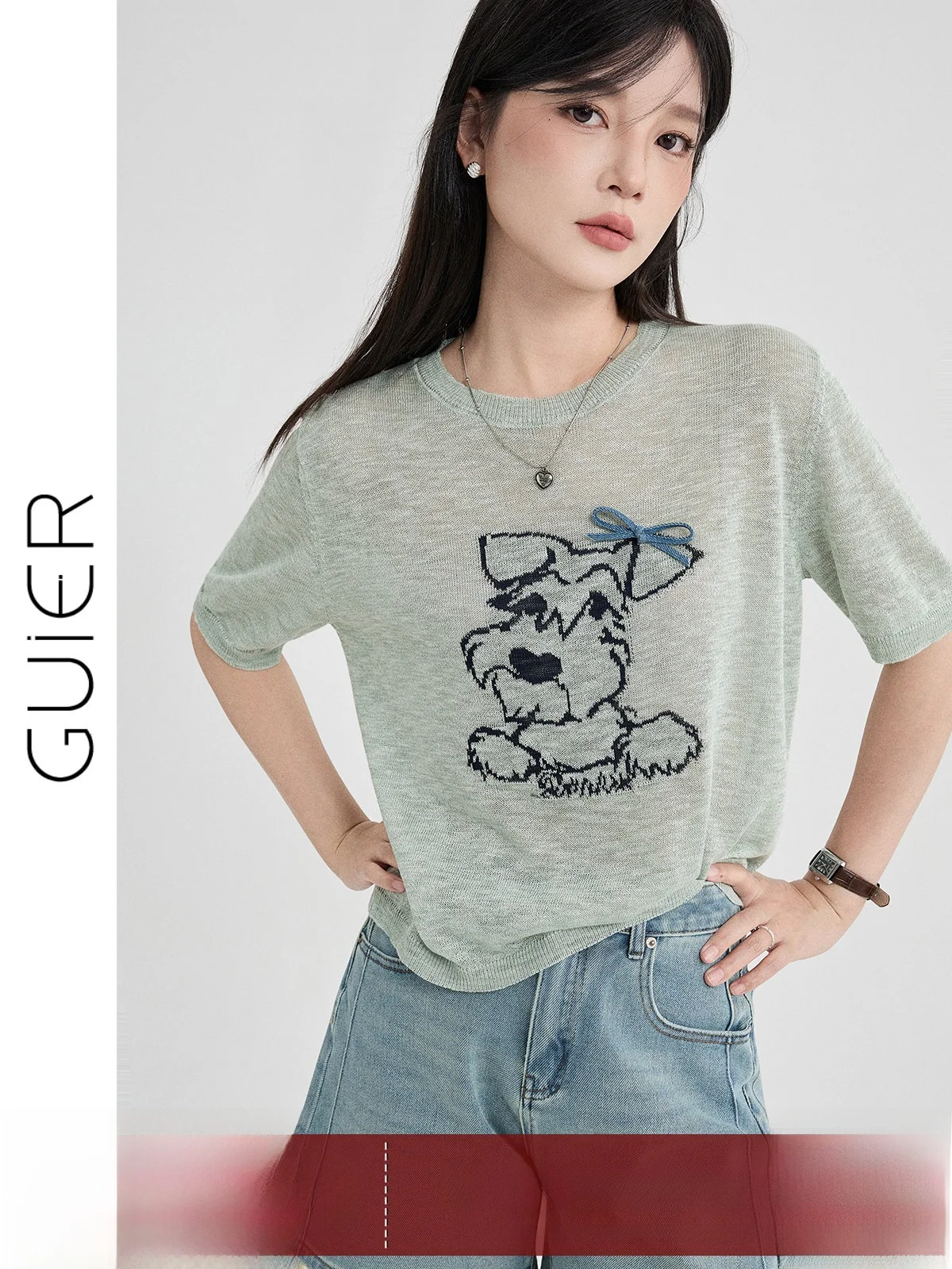 

Summer 2026 New Fun Little Dog Embroidered Knitted Short Sleeve round Neck Casual Top Women's Fashionable Versatile Leisurewear