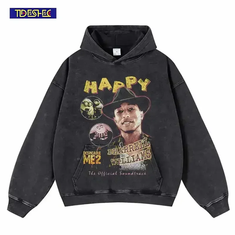 Vintage Black Hoodie Hip Hop The Boy in The Blue Hat Graphic Print Washed Sweatshirt Streetwear Men Harajuku Hooded Pullover