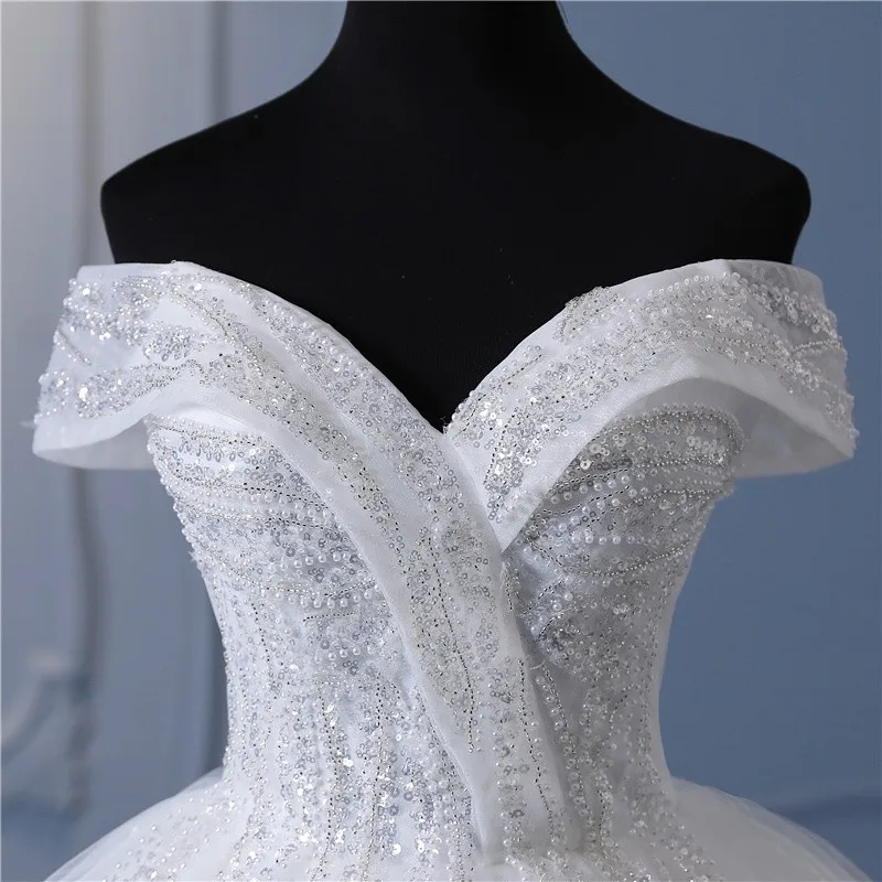 Y&m Novias Glitter vory Wedding Dresses Lace Beaded Ball Gown Cheap Off The Shoulder Short Sleeve Bridal Customized Plus Size
