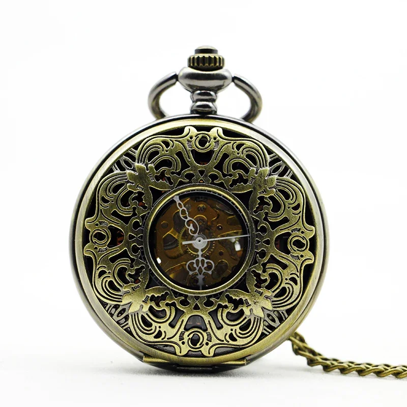 Carved Hollow Skeleton Vintage Pocket Watch Personalised Mechacnical Hand-winding Pendant Watches Unique Gifts Unisex Fob Clock