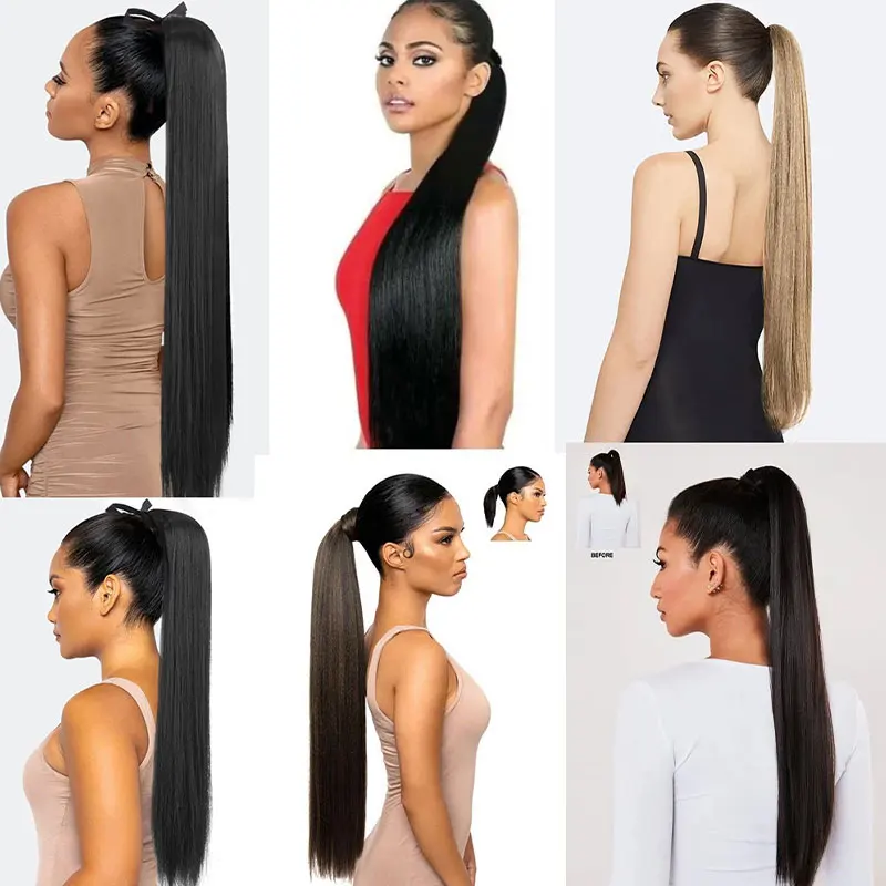 الاصطناعية طويلة مستقيم مخلب كليب على ذيل حصان وصلات شعر 76 سنتيمتر مقاومة للحرارة ذيل حصان قطعة شعر للنساء حفلة يومية #6