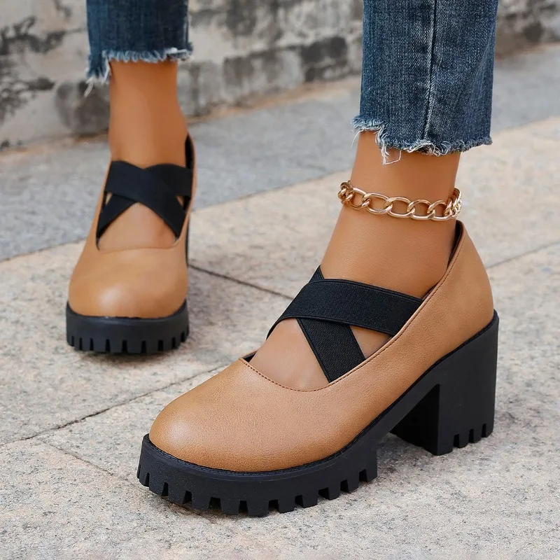 

Cross-elastic High-heeled Single Shoes 2026 Autumn New Style, Thick-heeled Large-sized Professional Single Shoes for Women，36-42