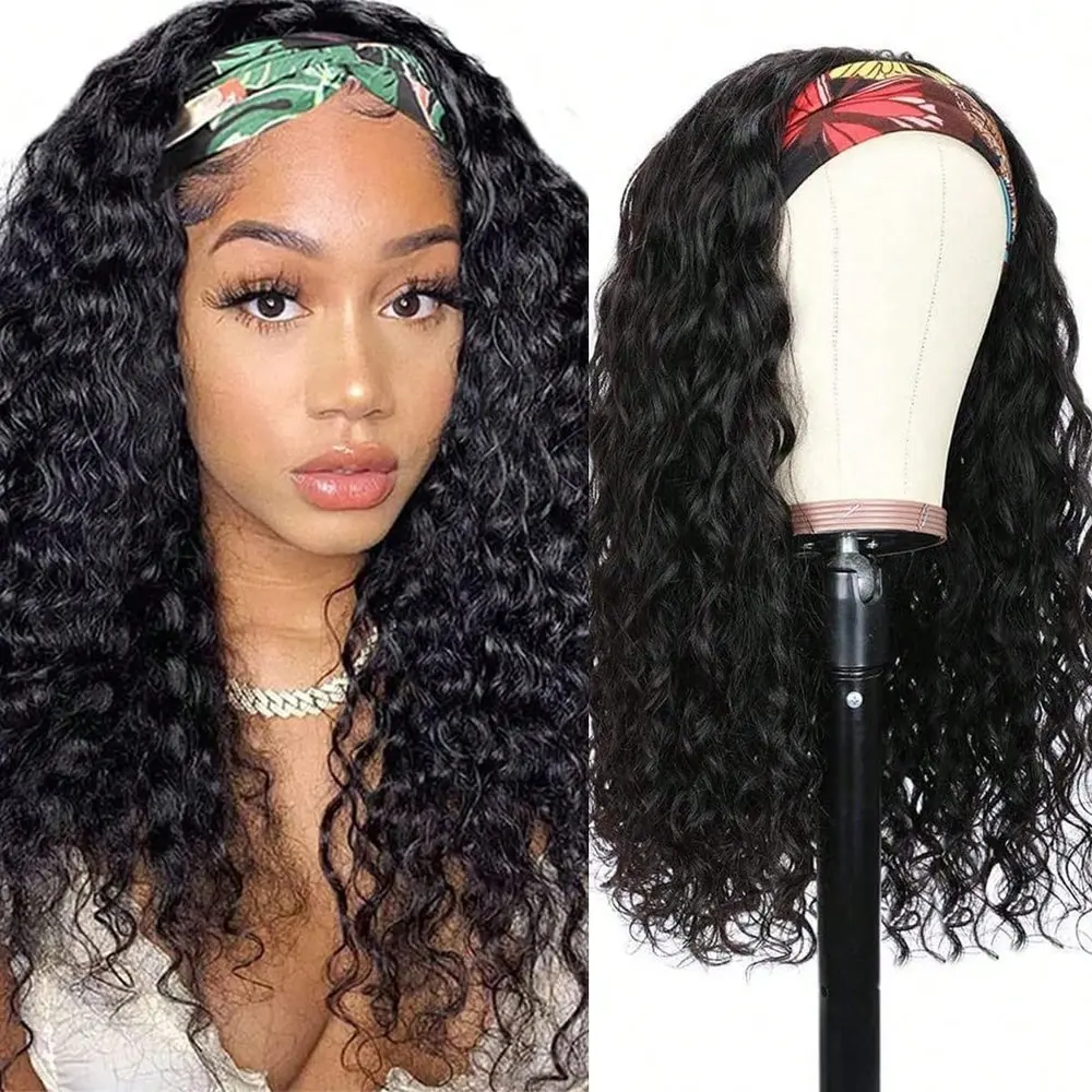 

Water Wave 40 Inch Headband Wig Human Hair, Curly Glueless None Lace Front Wigs for Women, 250% Density Natural Looking Hair