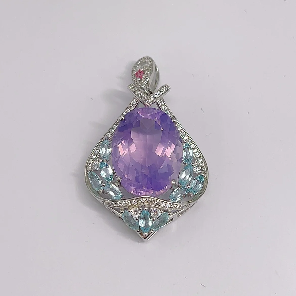 Vintage Natural Lavender Amethyst Pendant S925 Silver Platinum Plated Multi Gemstone Pendant Jewelry, Chain Not Included