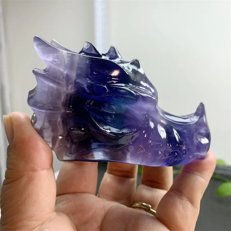 

10cm Natural Fluorite Dragon Skull Statue Carving Crystal Skull Polished Figurine Crafts For Decoration Gift Collection 1pcs