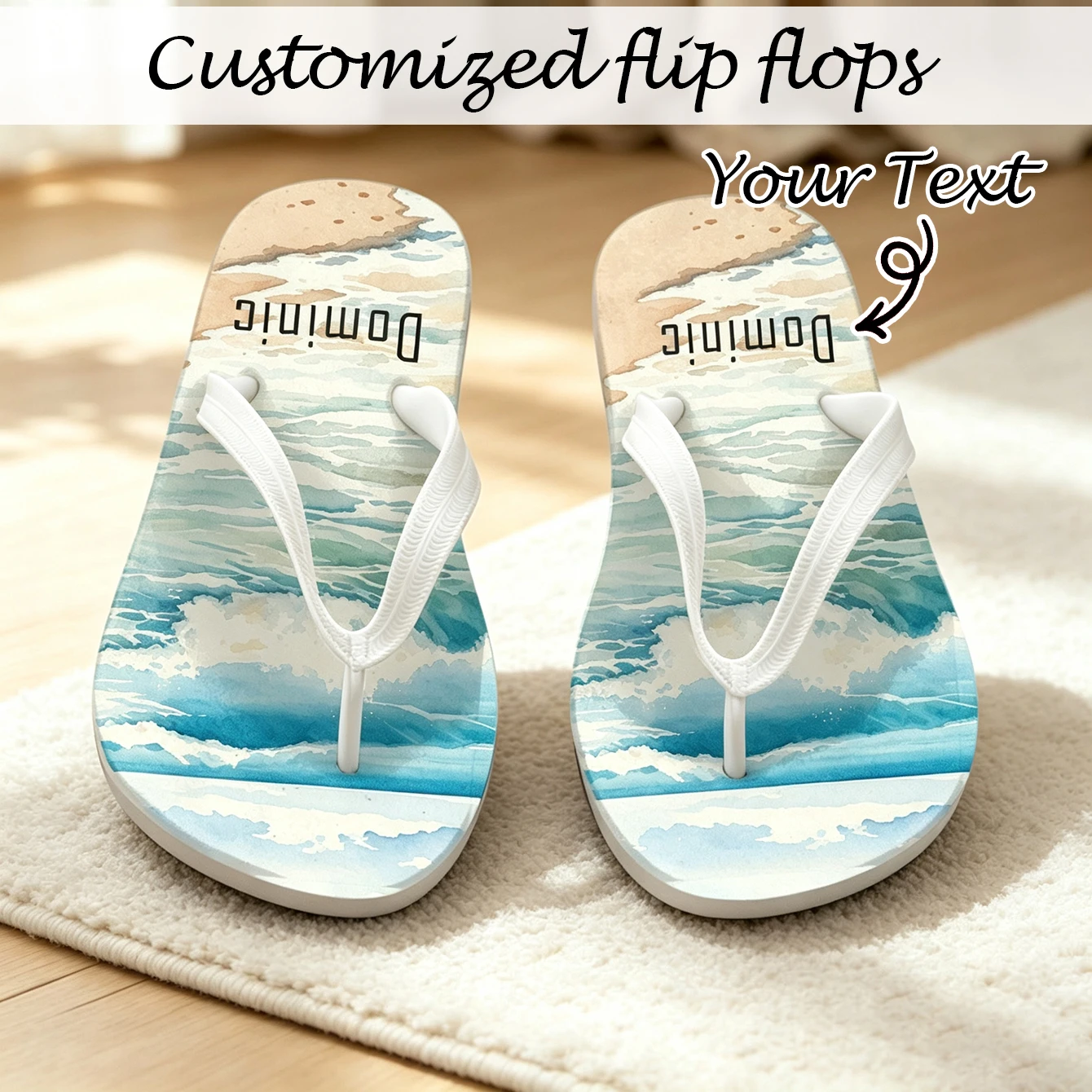 Customized fun flip flops for men and women, text flip flops, brides, weddings