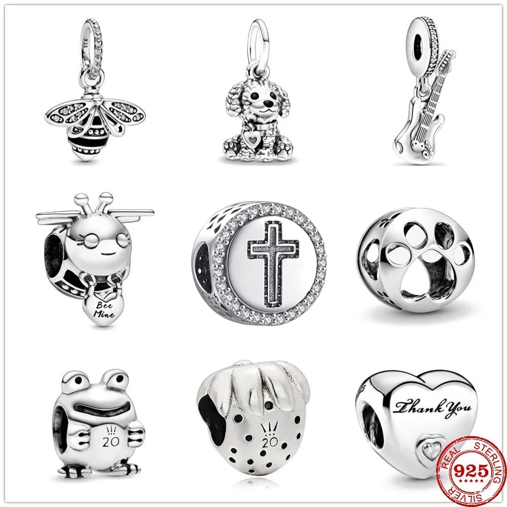 

925 Sterling Silver Electric Guitar bee mine Poodle Puppy Dog Dangle DIY fine beads Fit Original Pandora Charm Bracelet Jewelry