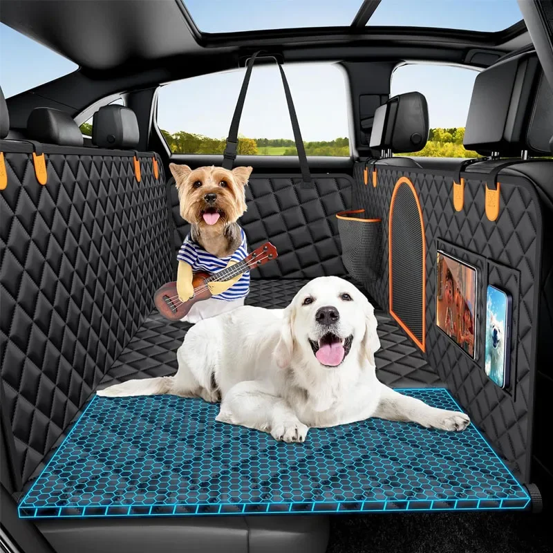 Pet car cushion The rear of the car is fully surrounded by dogs and humans sitting with the universal dog mat pet car cushion