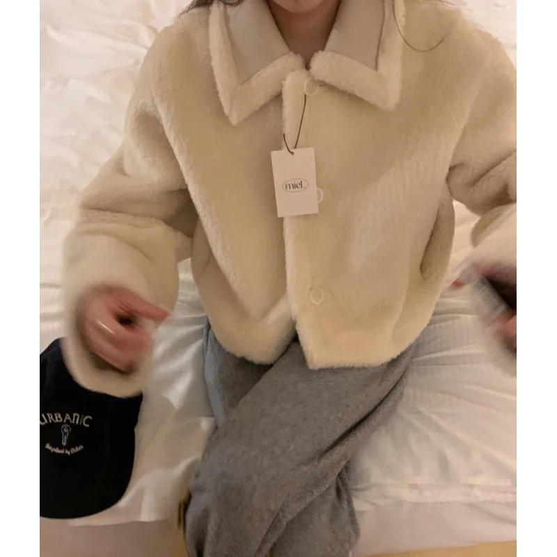 Abrigo de invierno elegante coreano Sle ort de piel de cordero Jaet holgado con cuello hasta Faionable Retro todo fósforo largo Sve