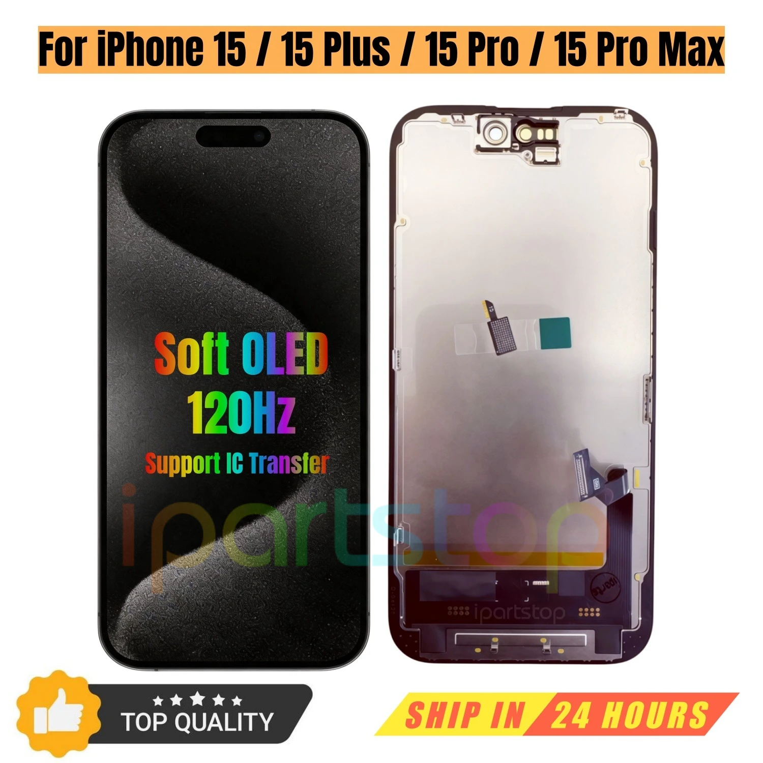 Écran de remplacement iParts pour iPhone 15 Pro Max Plus, OLED souple 120 Hz, assemblage d'écran tactile LCD Retina DD, prise en charge de l'IC amovible