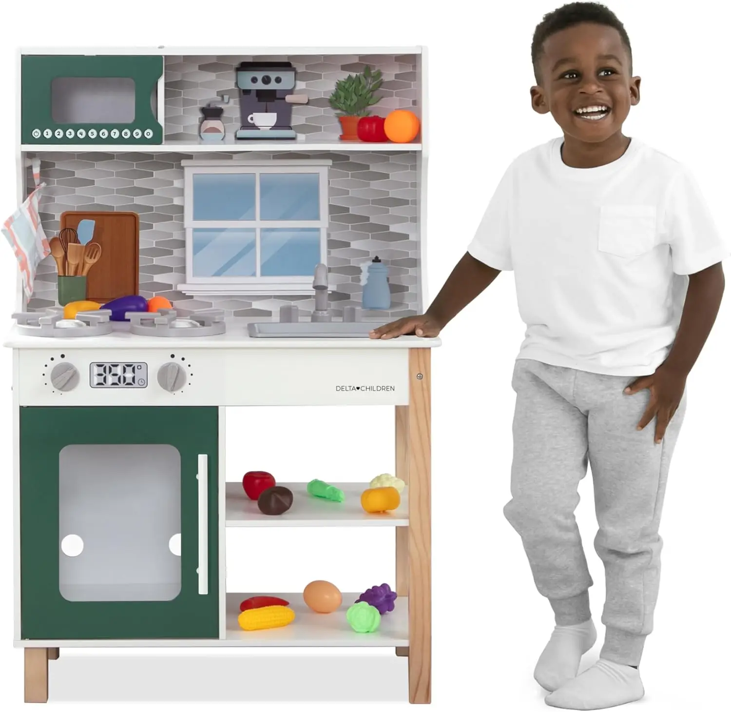 Tiny Chef Play Kitchen - Toy Kitchen Playset with Realistic Knobs That Turn/Click, Oven, Sink, Microwave and 15 Pieces of Play F