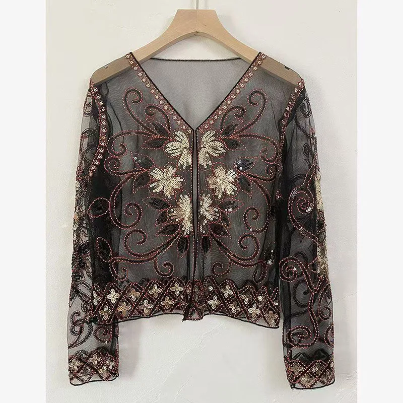 

New Mesh Embroidery Sequined Small Shawl Vest Top Women Summer Light Stylish Small Jacket Sunscreen Clothing Blouse Tops Women