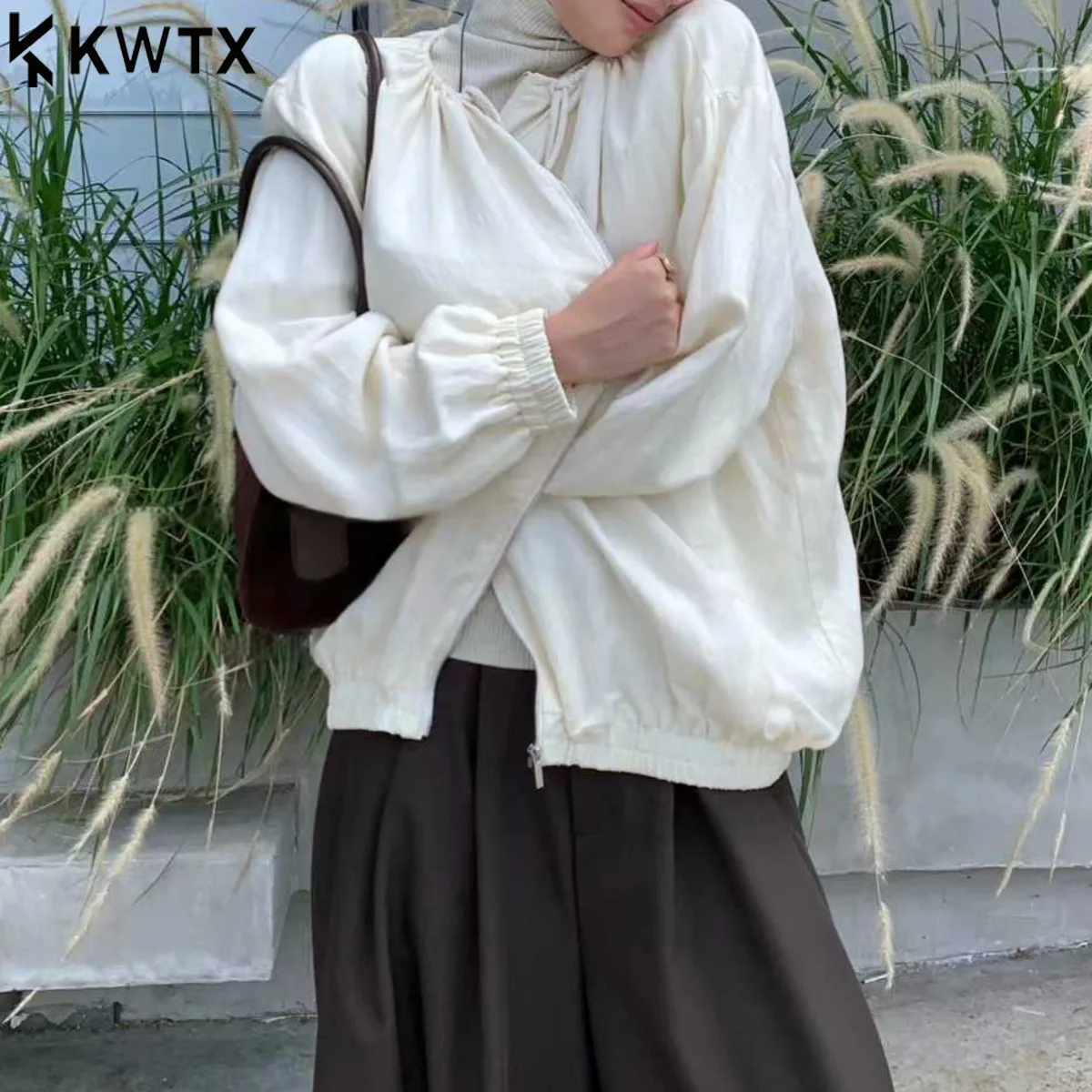 

KWTX 2025 Women's Solid Color Casual Jacket Round Neck Drawstring Zipper Elastic Cuff Vintage Elegant Autumn Winter Quality