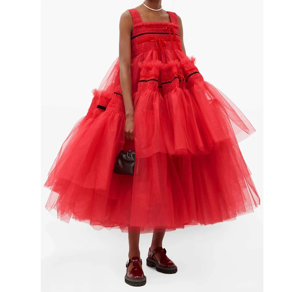 

Cute Puffy Tulle Ball Gown Dress Stretch Tiered Red Prom Party Dresses 2024 Fashion Women Birthday Wear Event Gala Dress Custom