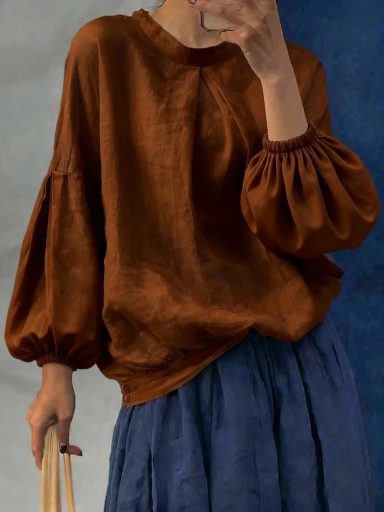 

Temperament Simple Solid Color Loose Blouse Summer New Elegant Lady Commuting Shirt Casual O-neck Lantern Long Sleeve Linen Tops
