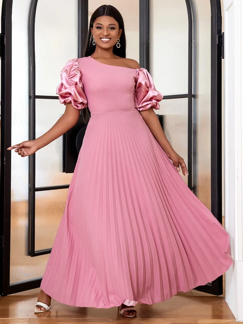 Cold Shoulder Long Dresses Pink Short Sleeve High Waist A Line Pleated Prom Gowns for Women Cocktail Evening Party Outfits 2024 AliExpress