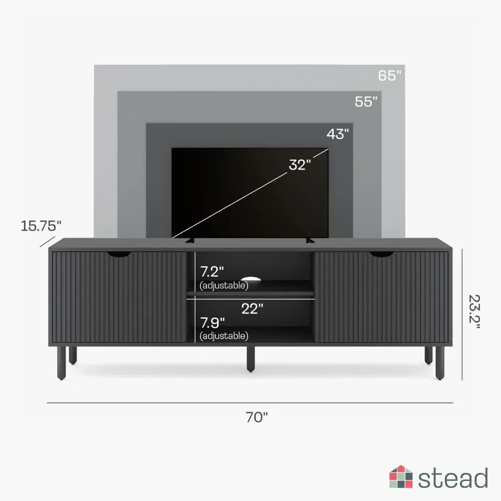 Contemporary Fluted TV Stand - Media Console - 70 Inch Entertainment Center With Storage - Soft-Close Cabinet Doors (Black)|