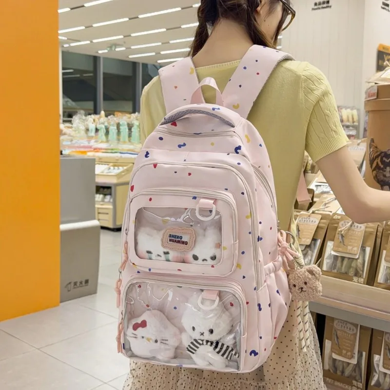 Colorful Dot Nylon Backpack Teenage Girls Sweet Cute Schoolbags DIY Transparent Pockets Y2K Rucksack Large Casual Travel Daypack