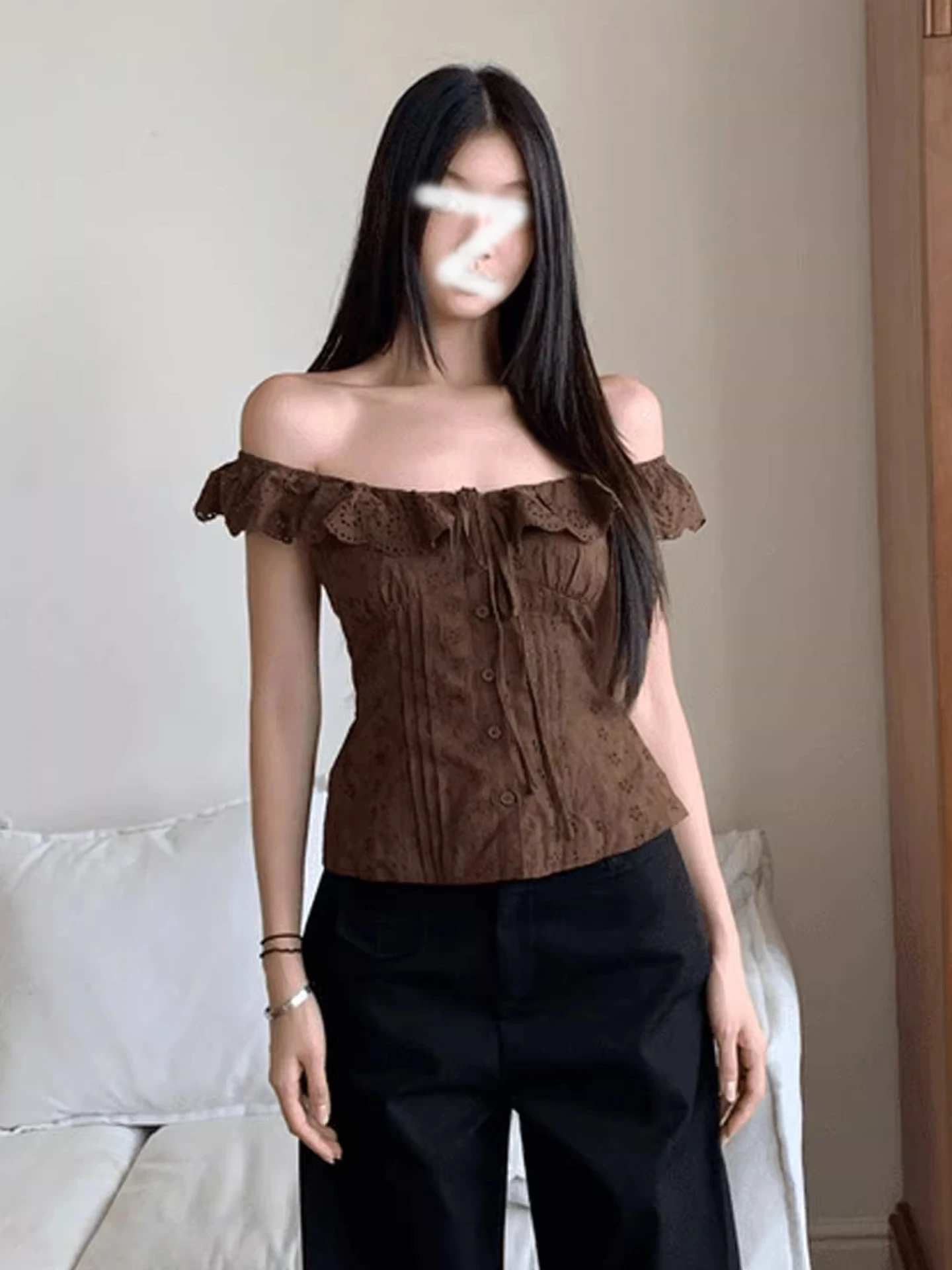 

Retro One oulder Lace Trim irt Women's Summer Embroidered Pleated Waist Cinched Slim ort Length Top Korean Sle Commute