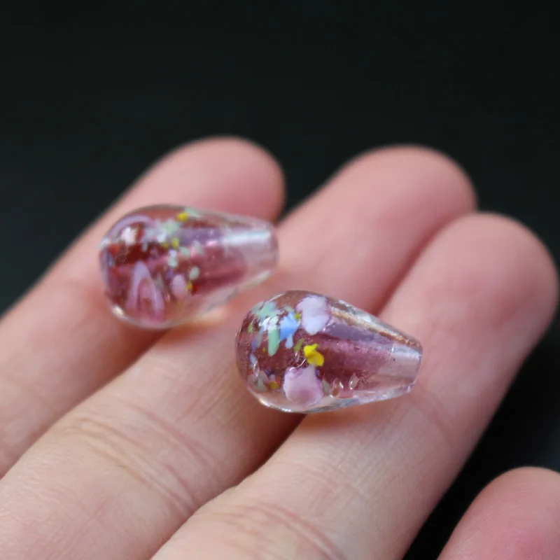 20Pcs 9mm*16mm Drop Shape Lampwork Glass Beads Flower With Inner Colorful Pieces DIY White Purple Color for Jewelry Making