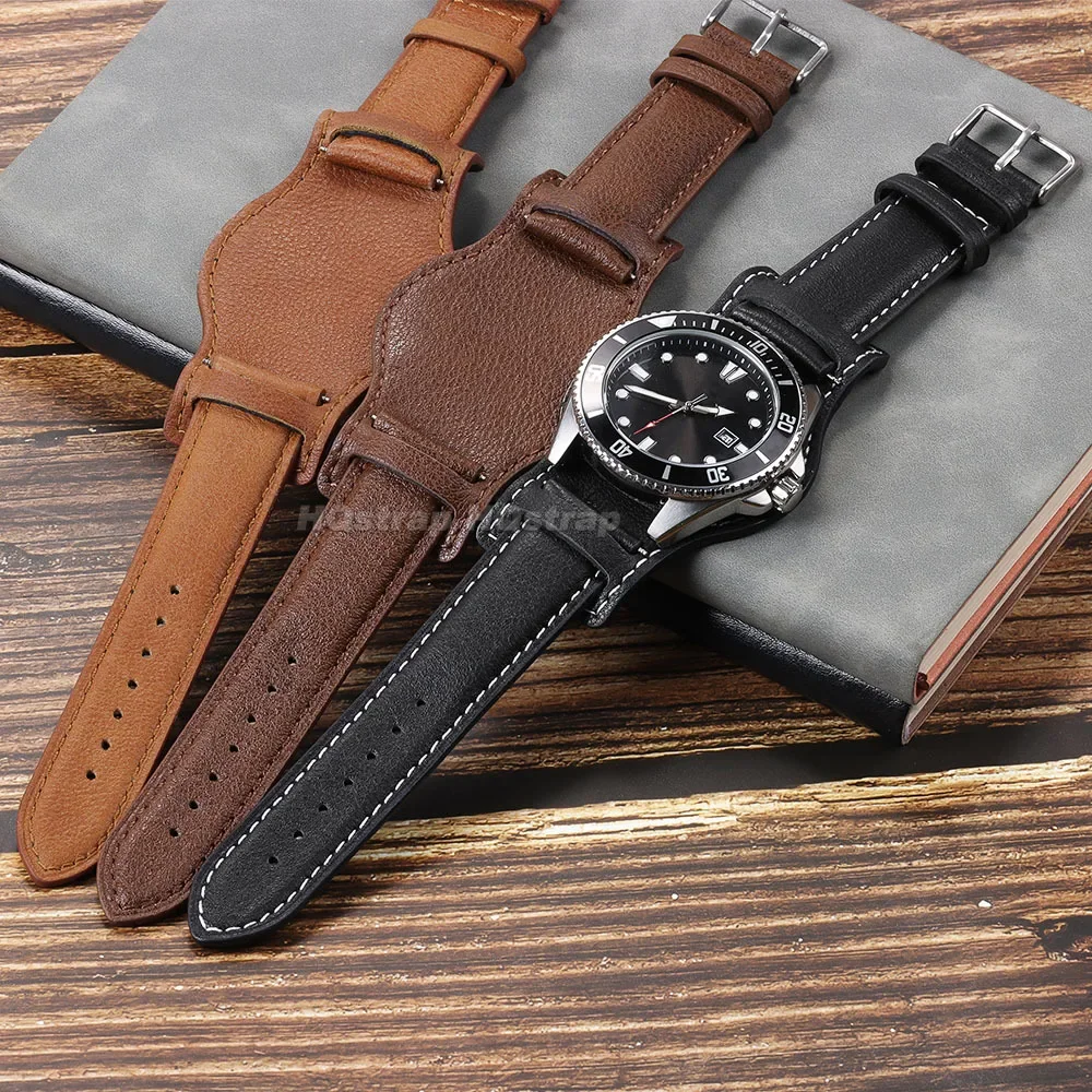 Retro Leather Watch Band 20mm 22mm 18mm Bund Watch Strap Sport Men Replacement Wristband Cowhide Accessories Universal Bracelet