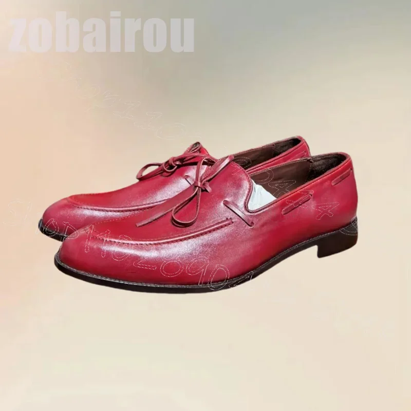 

Red Sewing Design Matte Leather Bow Knot Loafers Fashion Slip On Men Shoes Luxury Handmade Party Banquet Office Men Dress Shoes