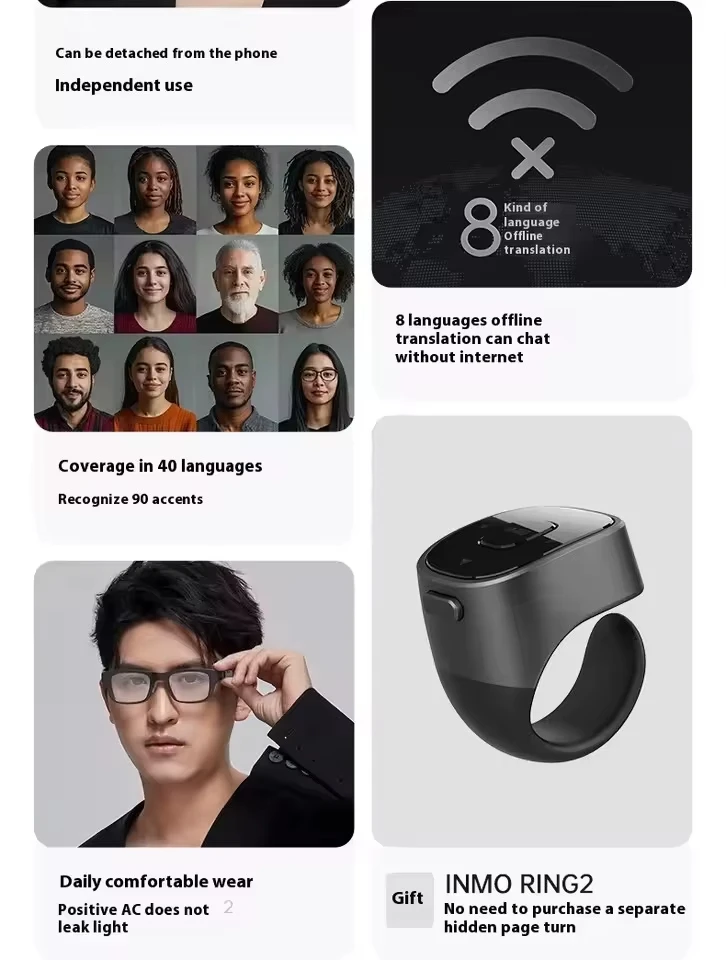 INMO GO2 traducción AR gafas inteligentes traducción en tiempo Real 40 idiomas gafas inalámbricas Bluetooth para inventos de voz viajes