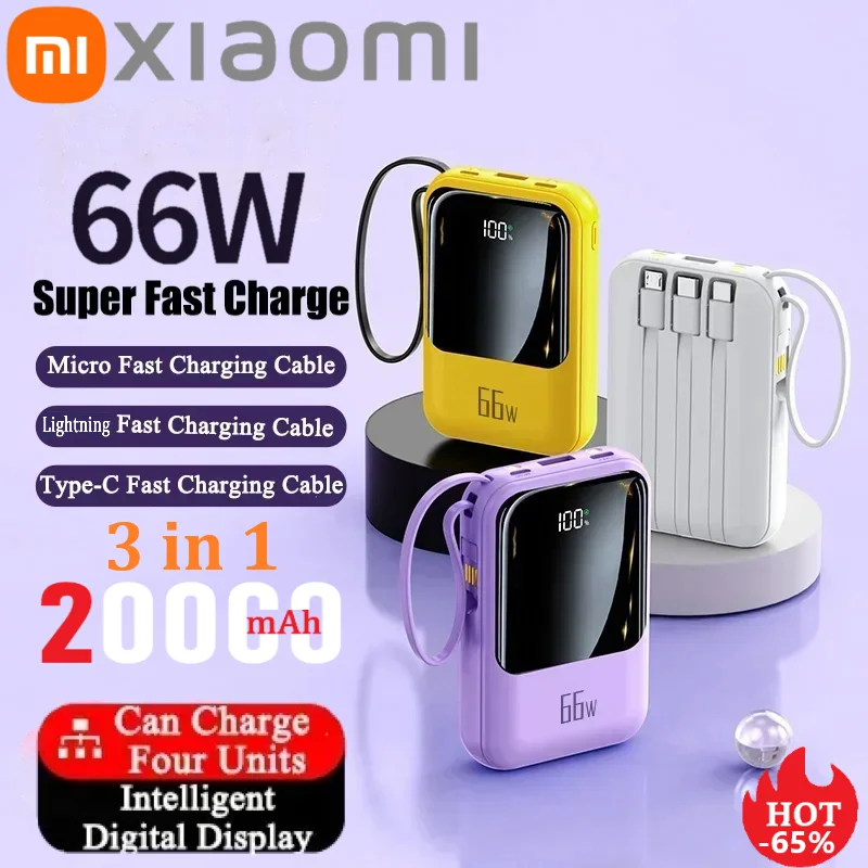 Xiaomi 20000mAh Mini Power Bank 66W Fast Charging Mobile Power Portable External Battery Charger With 4 Line For iPhone Samsung