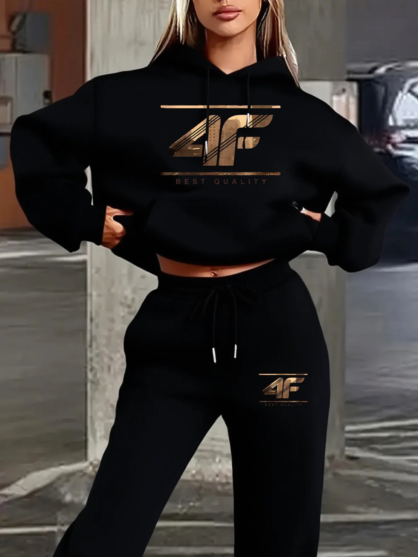 Conjunto de sudadera con capucha para mujer con estampado de las letras "4f" en color dorado, conjunto femenino de 2 piezas