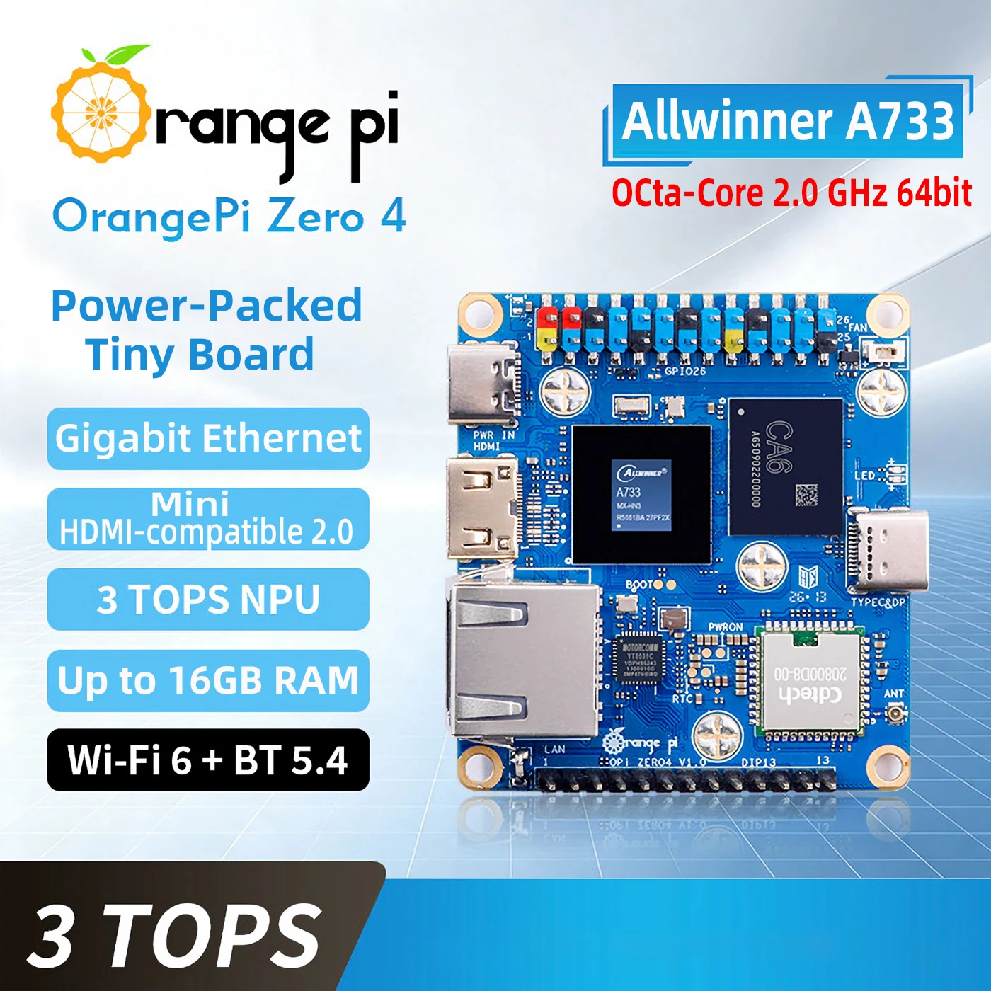 Orange Pi Zero 4 Allwinner A733 Octa-core 2.0Ghz 64-bit 3TOPS Gigabit Ethernet WiFi6 BT 5.4 USB 3.1 PCIe 3.0 Dual CSI OPI Zero 4