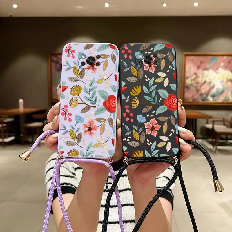 Five Petals Flower Crossbody Lanyard Silicone Phone Case For Xiaomi Poco X3 X4 X5 X4 Pro X3 Pro X4 GT F4 GT X3 GT M5 M4 M3 Cover