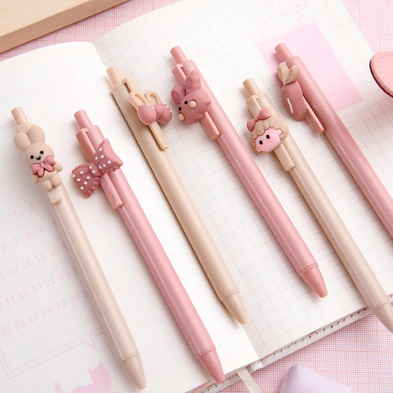 CHEN LIN 5Pcs Cute Sweet Pink Girl and Rabbit Gel Pen Cartoon Press Pen 0.5mm Black School Supplies Stationery Kawaii Funny Pens