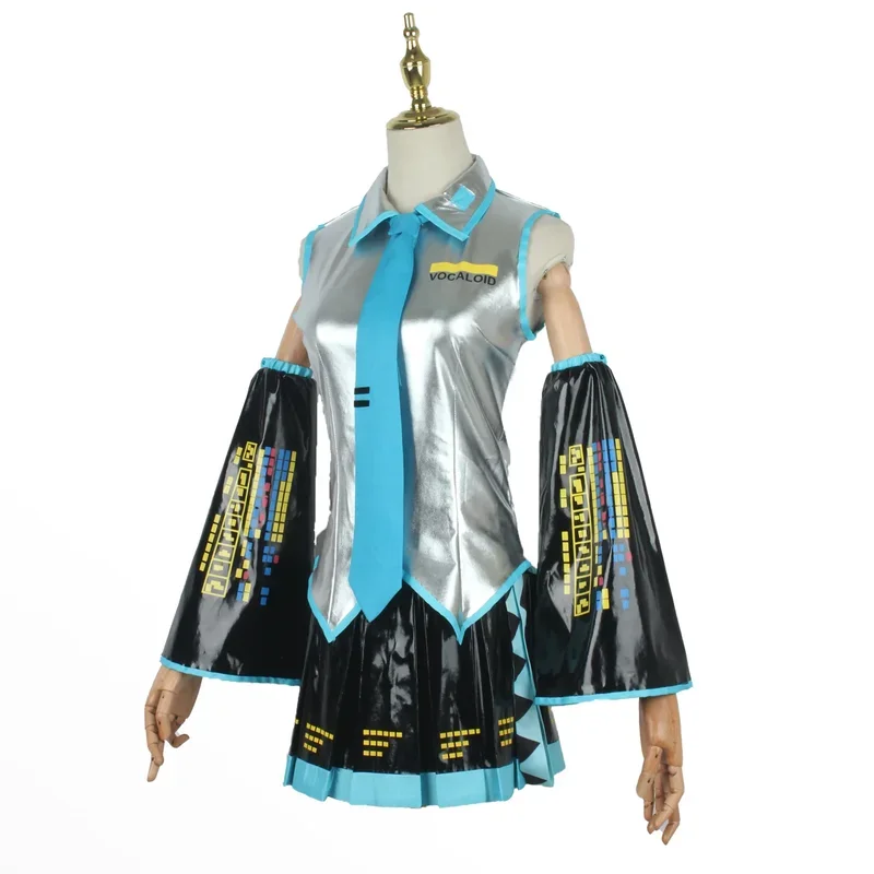 Miku Cosplay Full Set Silber Grau Lack leder Stoff Anzug Miku Cosplay Schuhe Kopf bedeckung Kostüm Outfit JK Uniform Cosplay