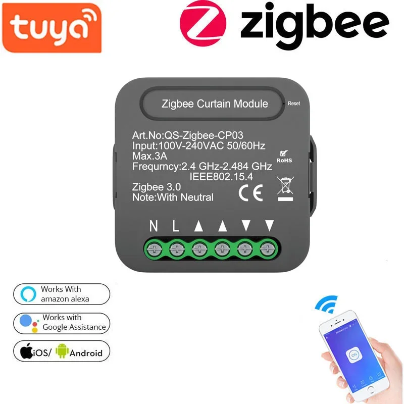 

Устройство для включения и выключения штор Tuya Zigbee, дистанционное управление, модуль включения и выключения, модуль для занавесок «умный дом» Zigbee, 100 В-240 В переменного тока