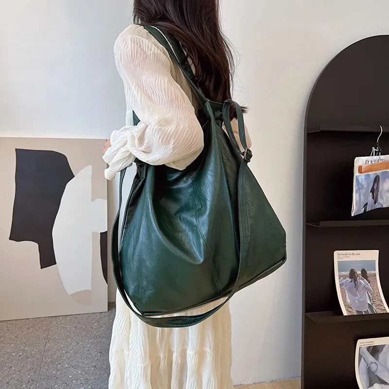 Big Pu Leather Tote Bags Women Korean Simple Large Capacity Shoulder Bag 2024 New Fashion Retro Travel Shopper Handbags Female