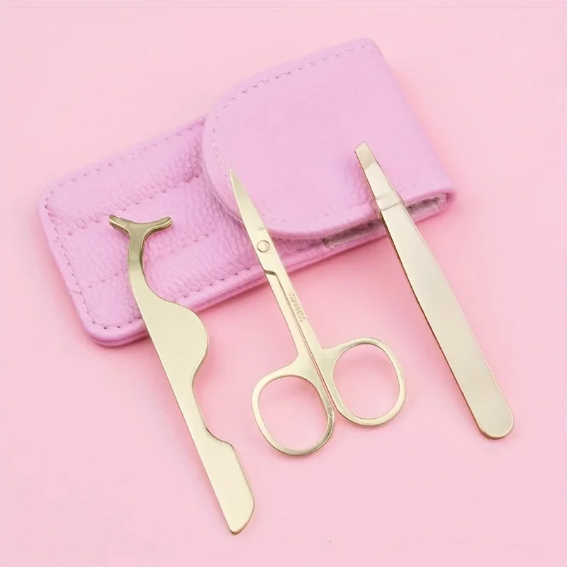 ชุดอุปกรณ์เสริมความงามพกพา 3 ชิ้น ทำจากสแตนเลส ประกอบด้วย กรรไกรตัดแต่งขนคิ้ว ที่หนีบขน และอุปกรณ์แต่งหน้า