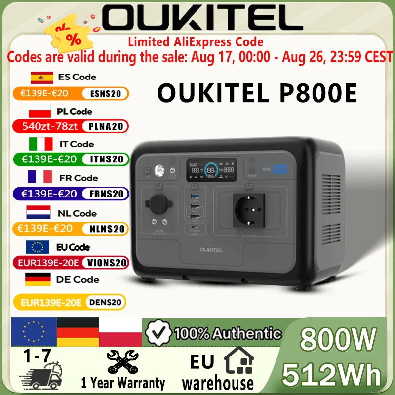 OUKITEL P800E 800W Przenośna Stacja Zasilania 512Wh LiFePO4 Generator Solarny, Szybkie Ładowanie, Mobilne Źródło Zasilania na Zewnątrz do Kempingu, Kampera, Samochodu Dostawczego, Wędkowania i