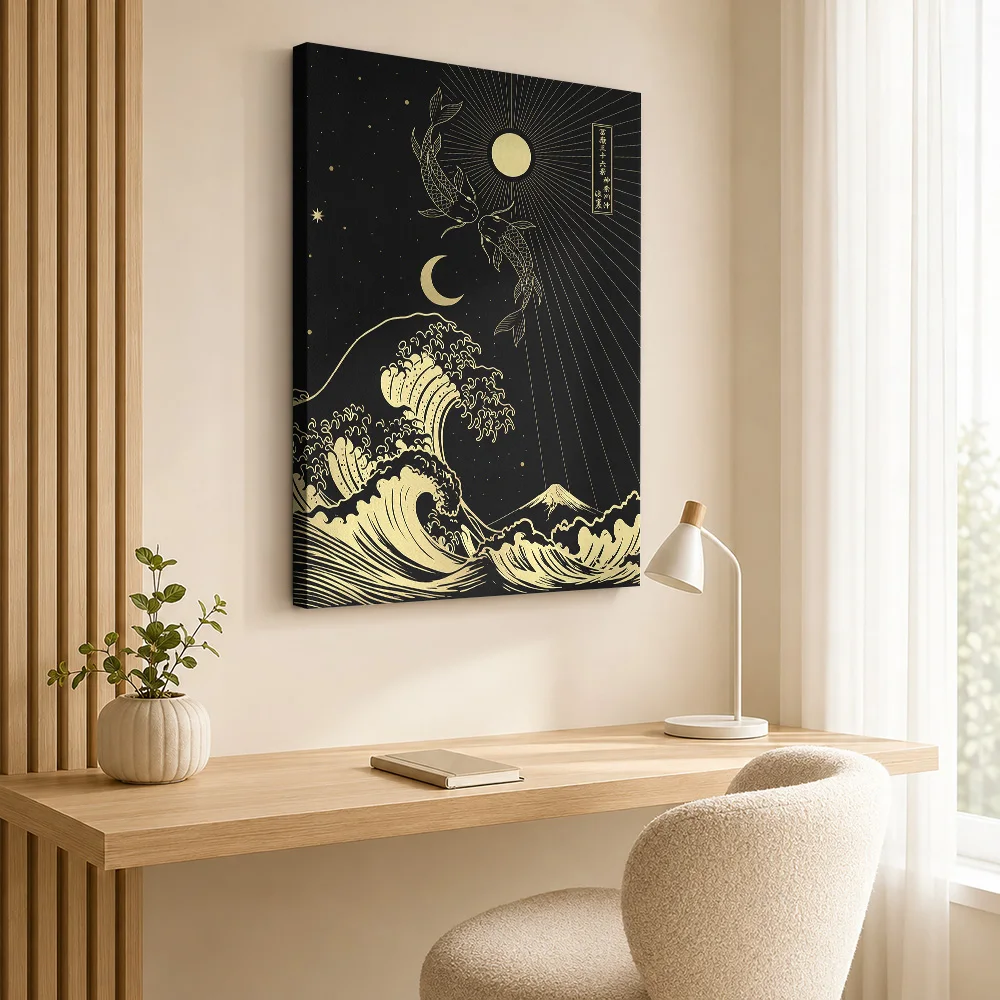 Golden Great Wave Canvas Print Poster Personalized Japanese Inspired Wall Art for Bedroom Decor Collectible Ready to Hang Gift
