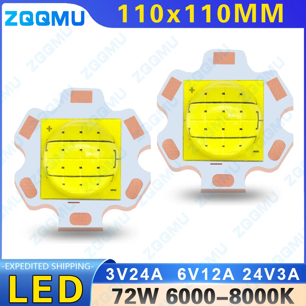 72W LED High Power Chip SMD 24A 12A 3A Ceramic Base DC 3V 6V 24V 110MM Lamp Bead for Flashlight Headlight Searchlight 6000K