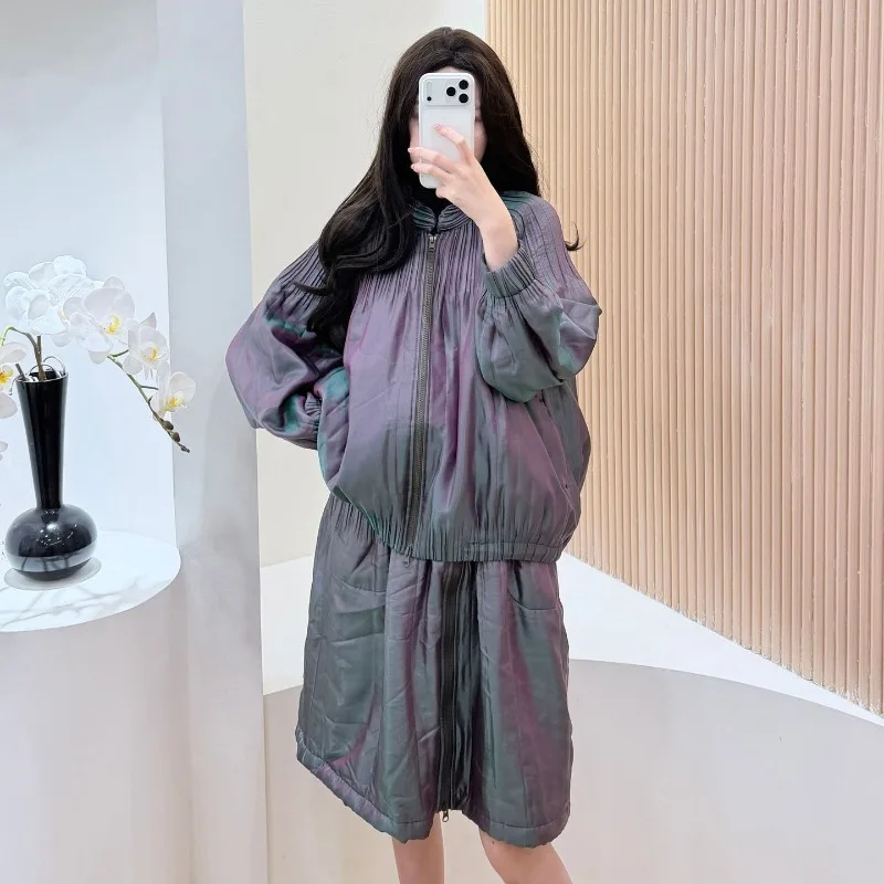 

Miyake Pleated Skirt Suit 2025 Autumn New Sandwich Cotton Pleats Gradient Zipper Style Casual Women's Long Sleeve Suit Dresses