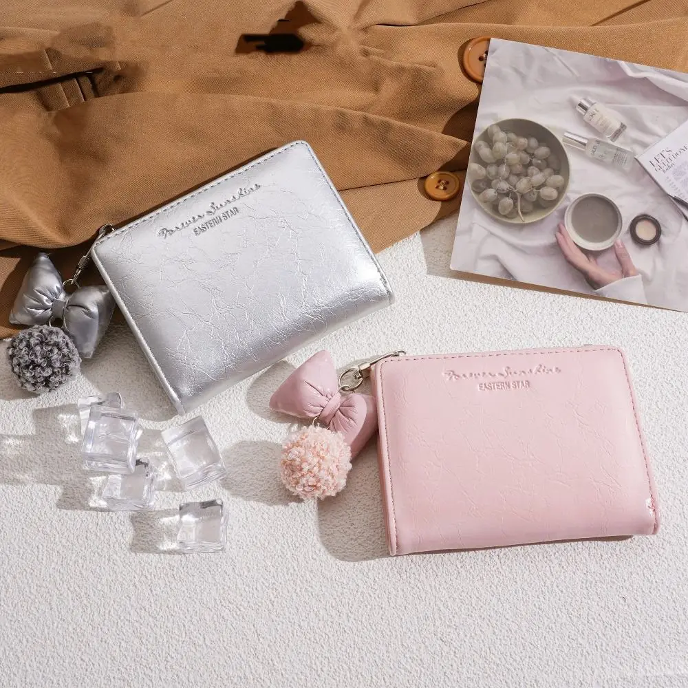 Simple Korean Style Women Short Wallet Bow Pendant Short Clutch Coin Pouch Multi Slot Card Holder PU Leather Card Holder Outdoor